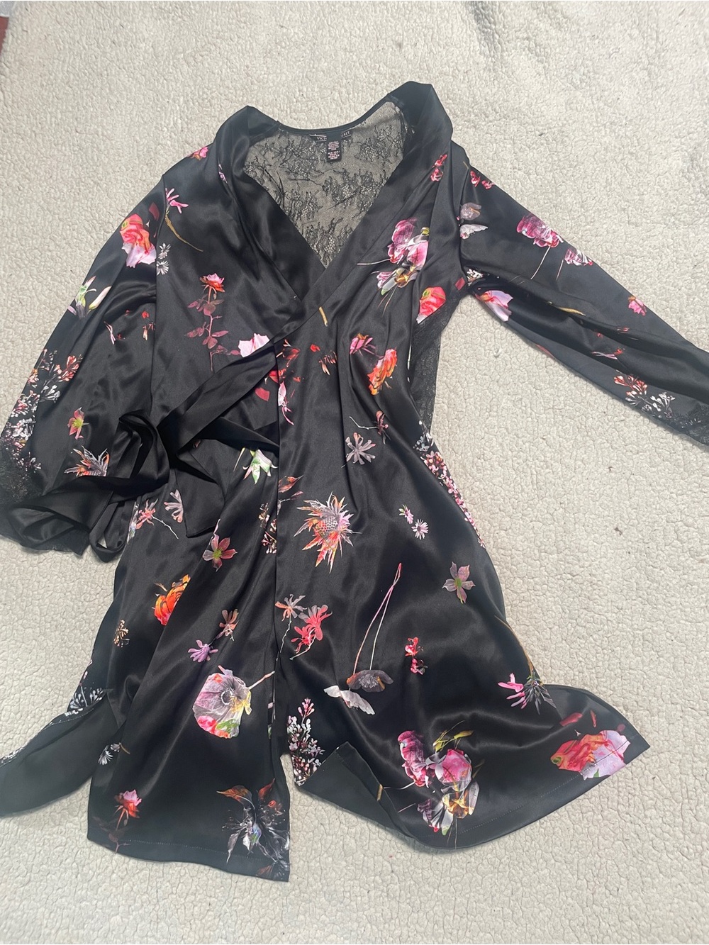 Black Floral Satin Wrap robe